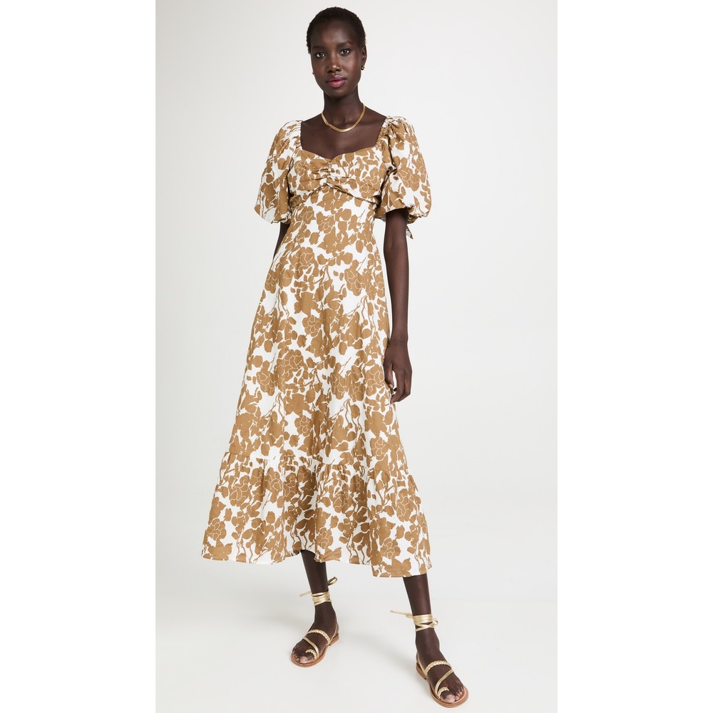 English Factory Floral Print Maxi Dress Tan White Puff Sleeve Tie Back Size M‎